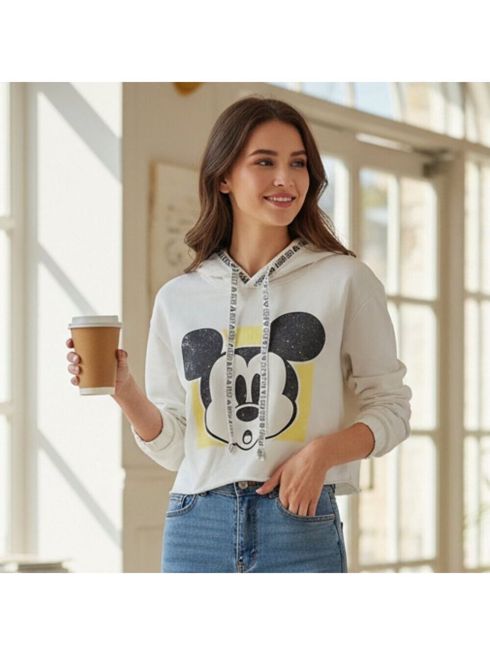 Disney Mickey Mouse Cropped Hoodie Xs Cream Yellow Graphic Pullover